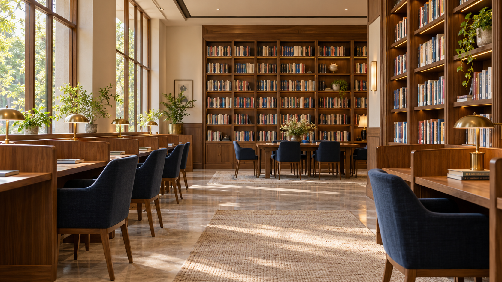 Illustrative reading room with bookshelves, individual desks and navy chairs